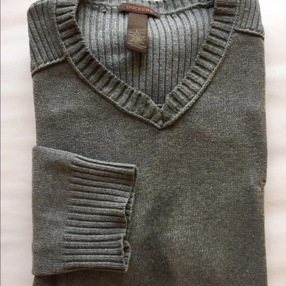 Dockers Men V Neck Sweater Large Gray Cotton